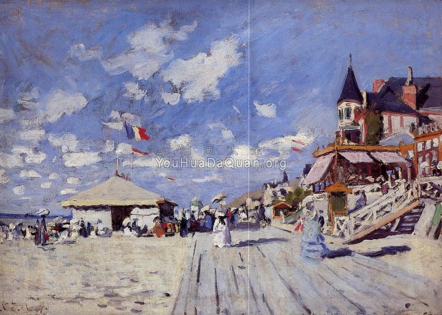 The Boardwalk on the Beach at Trouville - 克劳德·莫奈